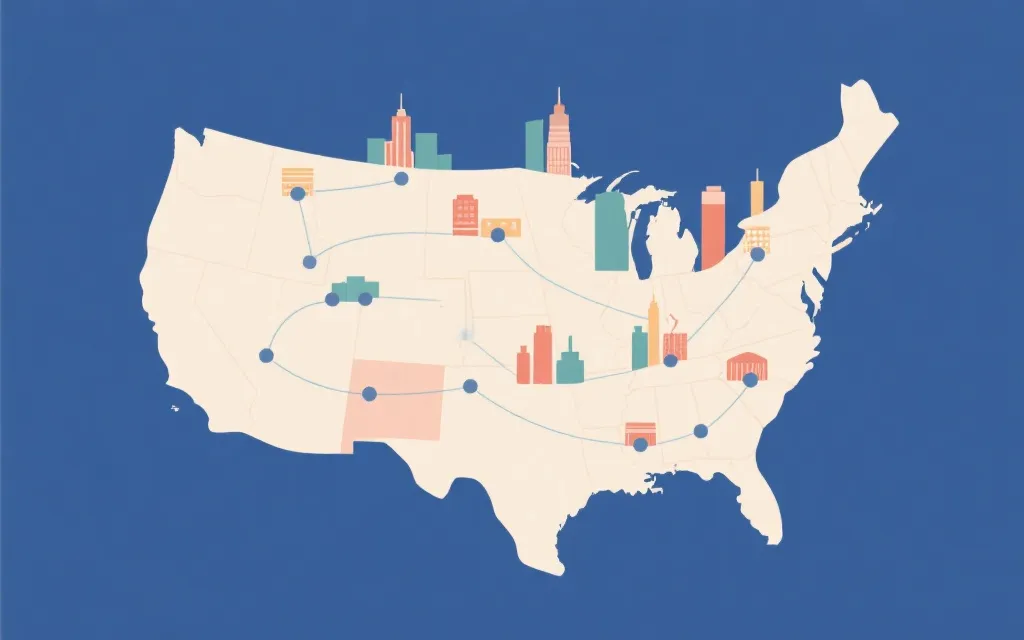 北美地图上用线连接多个举办城市的旅行路线概念图，简洁现代风